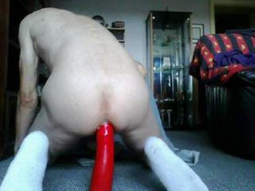 Long Dildo – Male solo penetration giant red dildo in ass