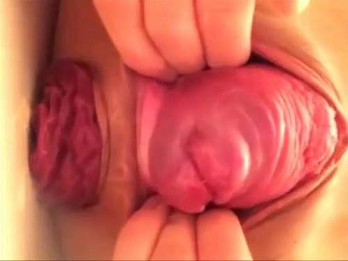 POV – Amateur Japanese girl again stretching her huge prolapse and monster cervix